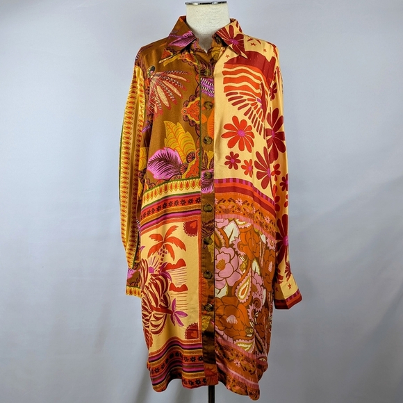 FARM Rio Tops - FARM Rio Button Front Long Sleeve Oversized Forest Mixed Scarves Multi M NWT